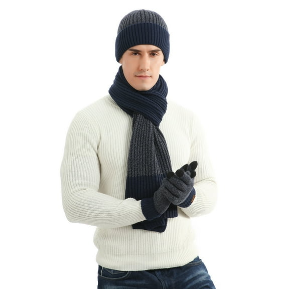 Brilliant Scarf and Gloves Sets for Men under $5.00 Three of Warm and Winter Suit Mixed Color Knitted Woolen Thick Hats,Scarves and Gloves Blue