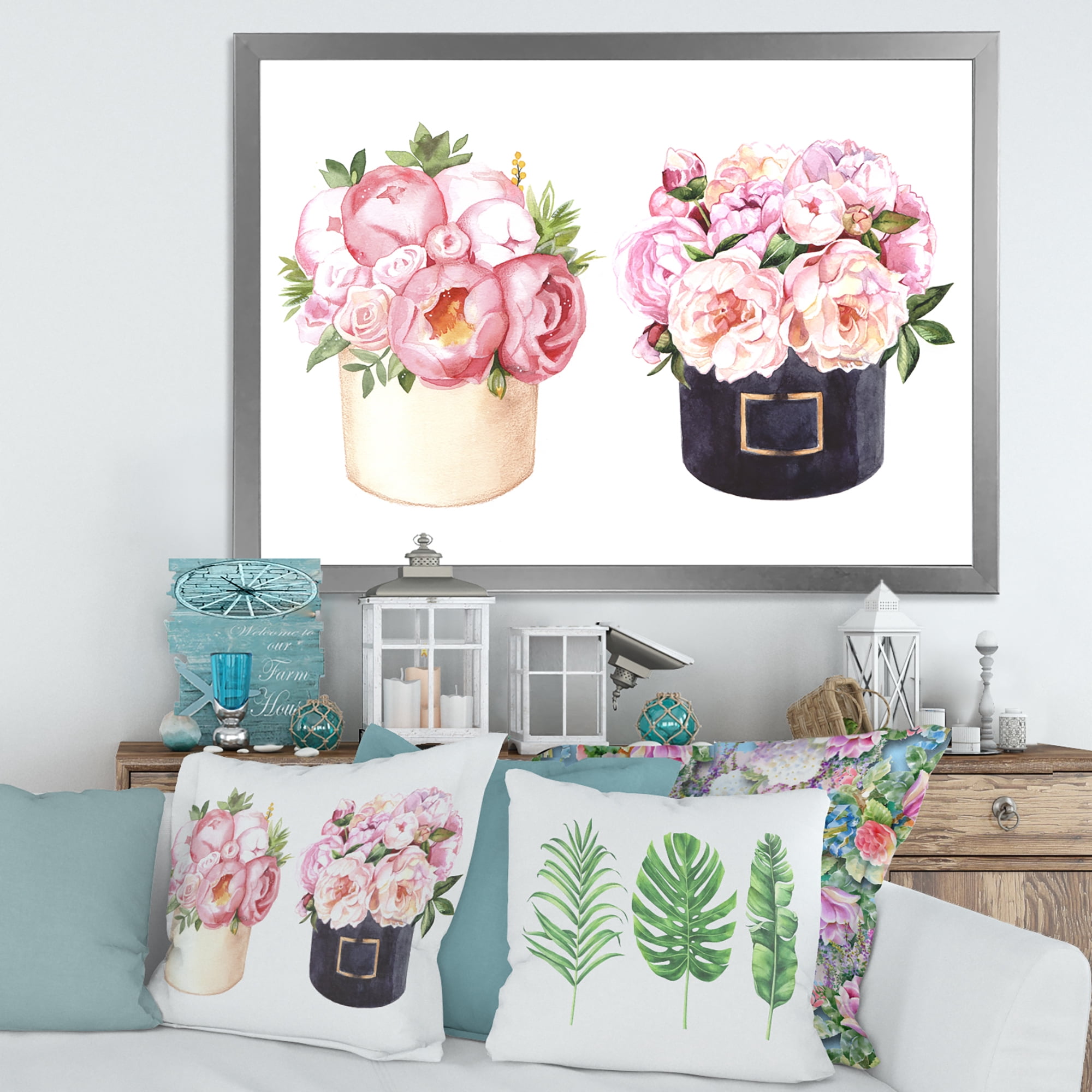 Designart 'Peonies and Rose With Flower Box' Farmhouse Framed Art Print