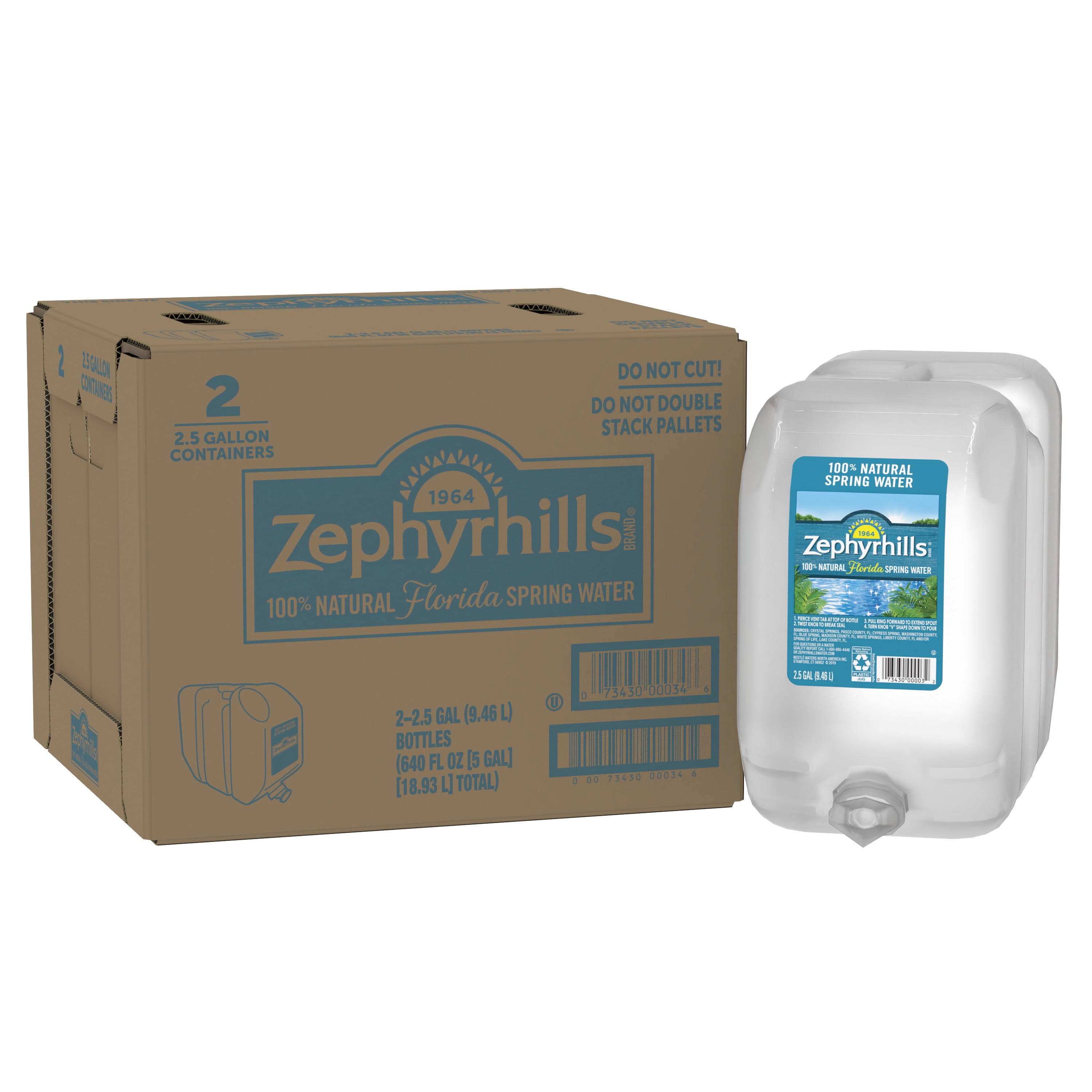 ZEPHYRHILLS Brand 100 Natural Spring Water, 2.5gallon plastic bottle