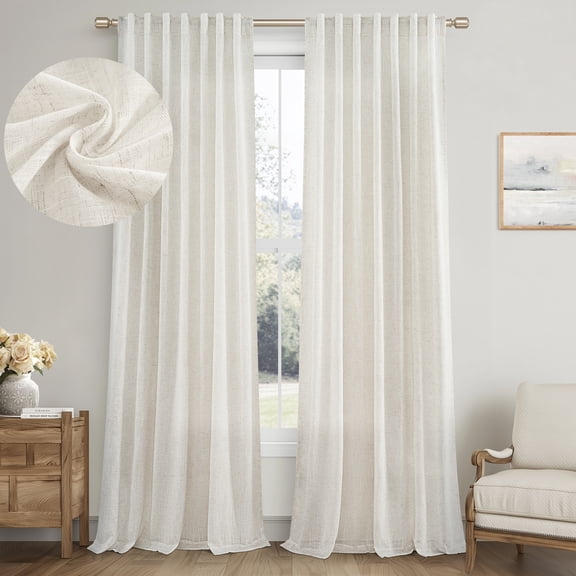Jainmy Linen Light Filtering Curtainsfor Living Room Bedroom, Rod Pocket Back Tab Semi Sheer Farmhouse Window Drapes, 2 Panels,50x84 inch,Natural