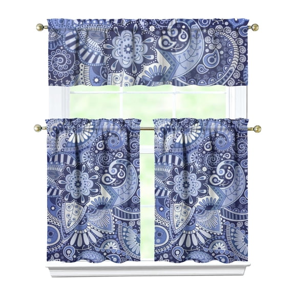 Colorful Paisley Kitchen Curtains Set - 3 Piece Bohemian Tier & Valance, Vibrant Indian Design, Semi-Sheer Rod Pocket Window Panels