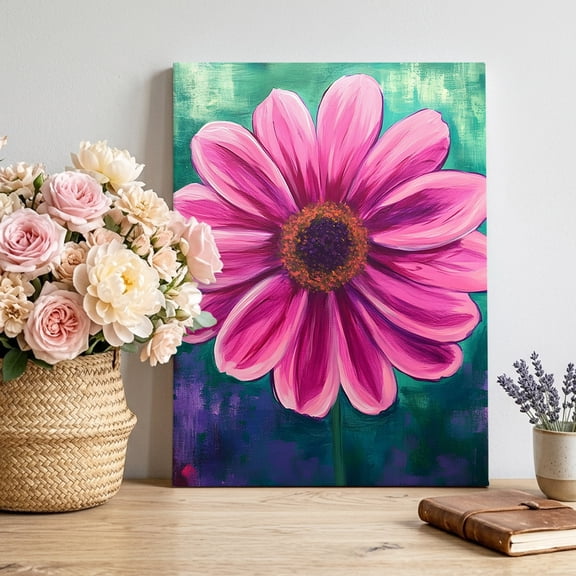Canvas Wall Art Pink Daisy Canvas Art Print Boho Pink Floral Teal BackgroundOil Painting Texture Pictures Wall Decor for Living Room Bedroom Artwork Decorations Stretched Framed Ready to Hang 8"x10"