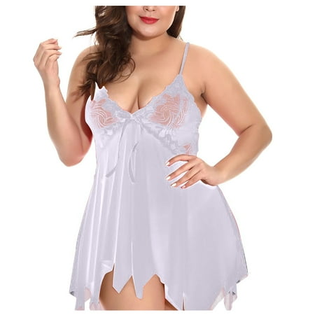 

KDDYLITQ Sexy Women Chemise Plus Size Nightdress Mesh Lingerie Sleepwear Bow Lace White XXXXL