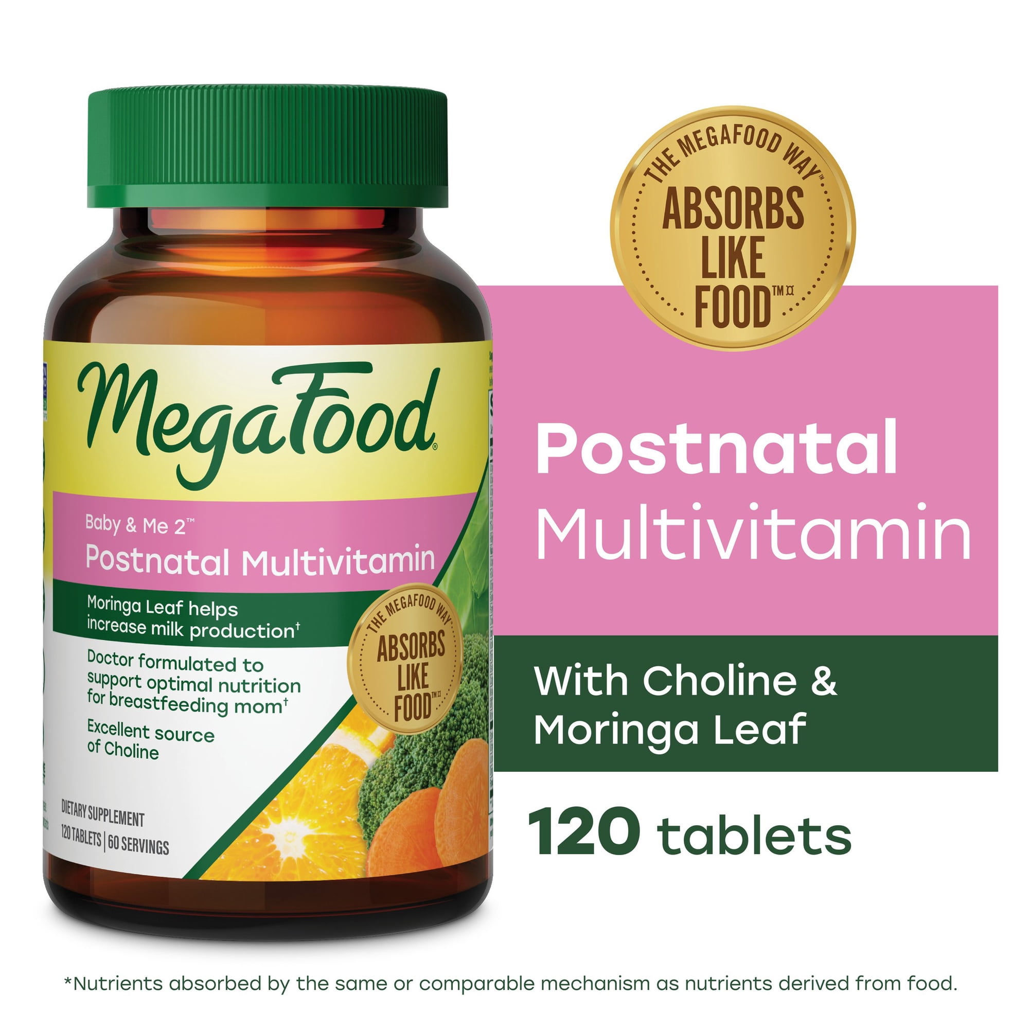 MegaFood Baby & Me 2 Postnatal Multi - Folate, Choline, Iodine, Vitamin D3 - 60 Servings