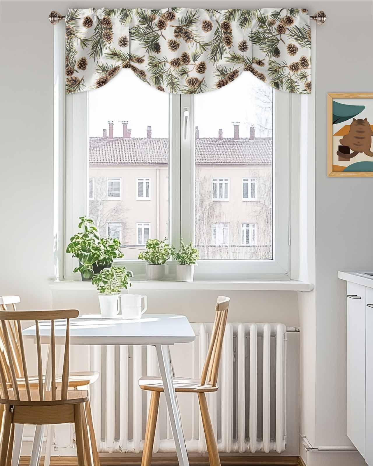 Brown Pine Cones Tie Up Valances Curtain, Green Leaves Branch White Background Kitchen Valances for Windows Decor, Rod Pocket Short Curtains Set for Bedroom/Bathroom, 54"x18"