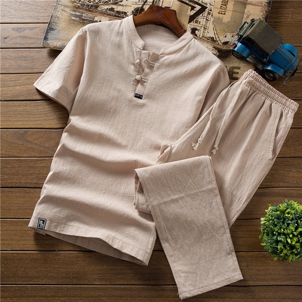ICHUANYI Clearance Men Summer New Cotton And Hemp Short Sleeve Long Pants Fashion Comfortable Suit(Khaki, XL) Ichuanyi Ichuanyi