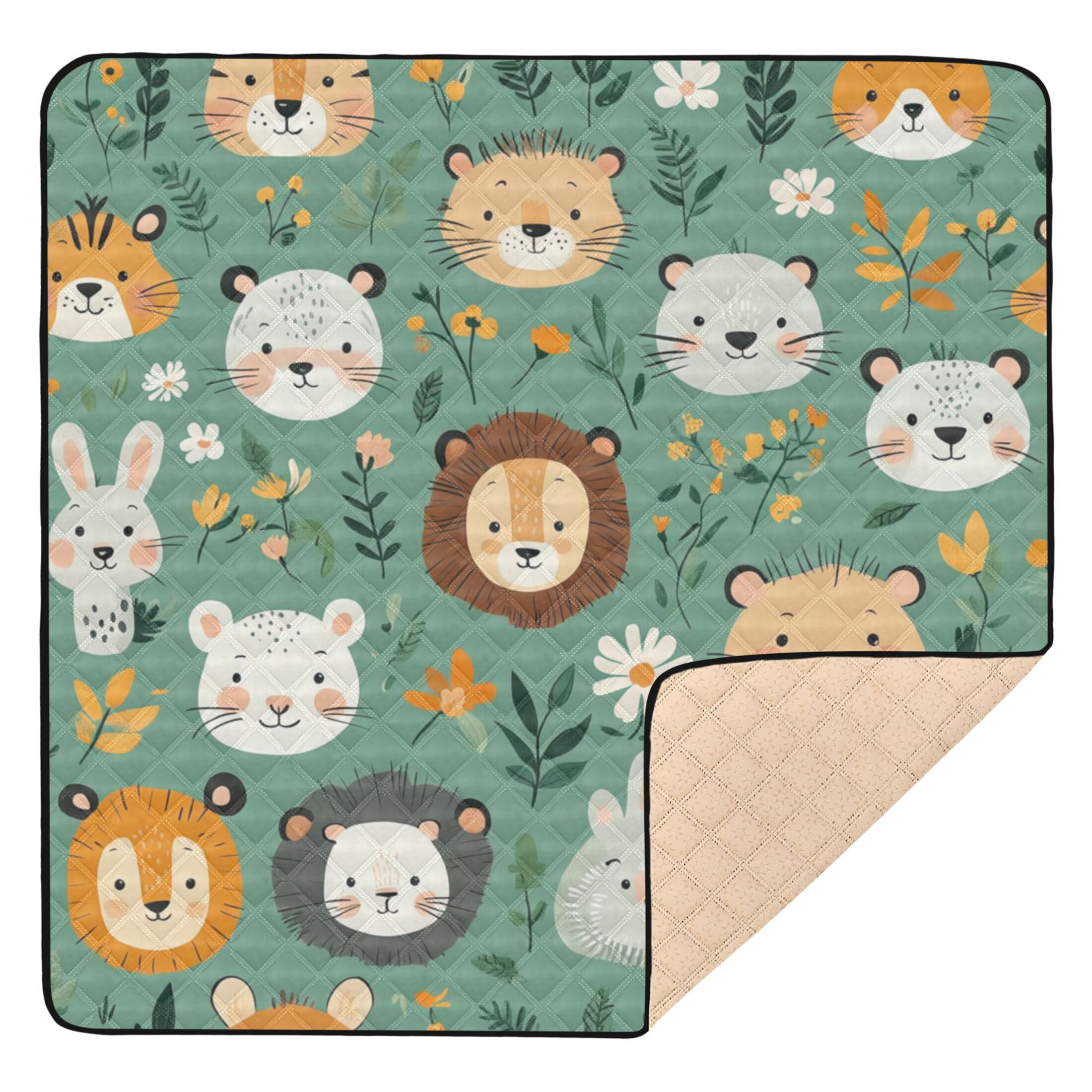 WOBOGO Cute Animal Faces in A Seamless Jungle Pattern Baby Playmats Extra Large Waterproof Rollable Activity Pads for Toddlers 50×50inch