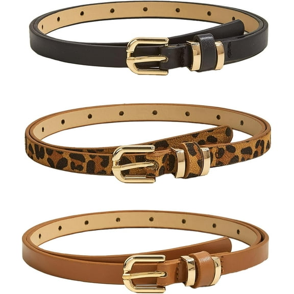 3 Pcs Women's Skinny PU Leather Belts,Thin Waist Belt with Metal Buckle for Dresses, Jeans, and Pants