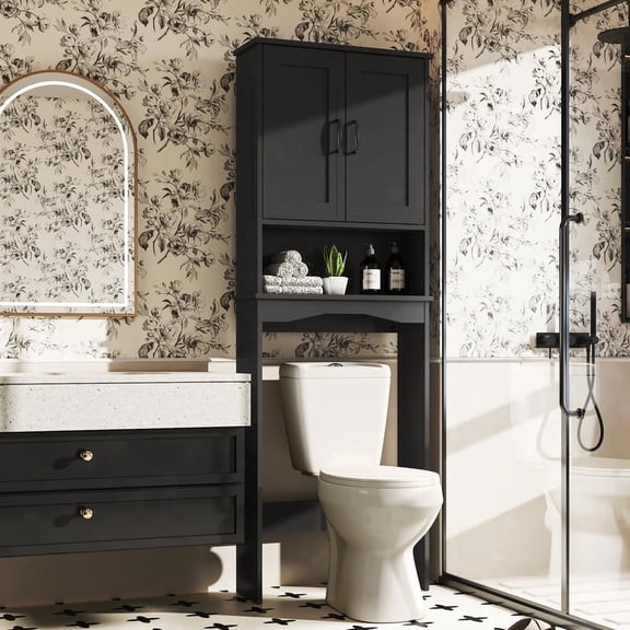 Over The Toilet Storage Cabinet with Adjustable Shelf and Double Doors Freestanding Bathroom Cabinet Organizer with Open Shelf Home Space-Saving Toilet Rack for Restroom Laundry Black