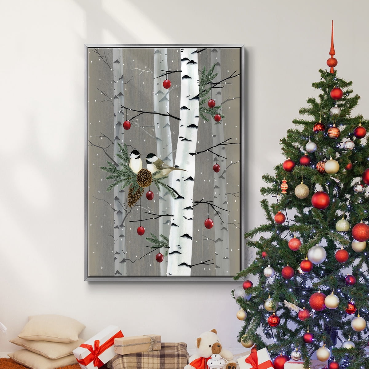 Birch Birds II - Framed Gallery Wrapped Holiday Canvas - 17 x 25 - Silver Frame