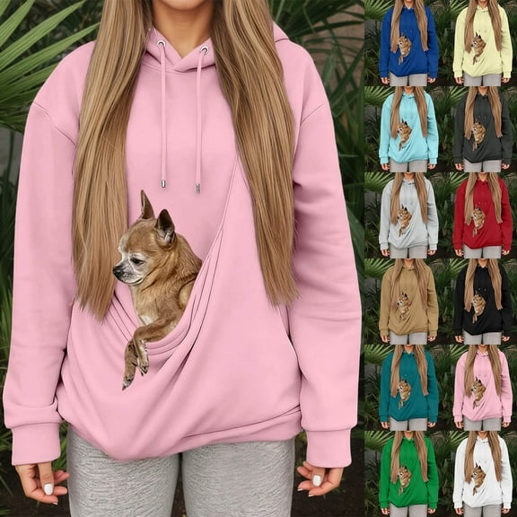 Hoodies for Women Fall Winter Pullover Hooded Sweatshirt with Kangaroo Pocket Pouch For Cats Dogs Soft Cute Casual Comfortable Womens Hoodies Pink L
