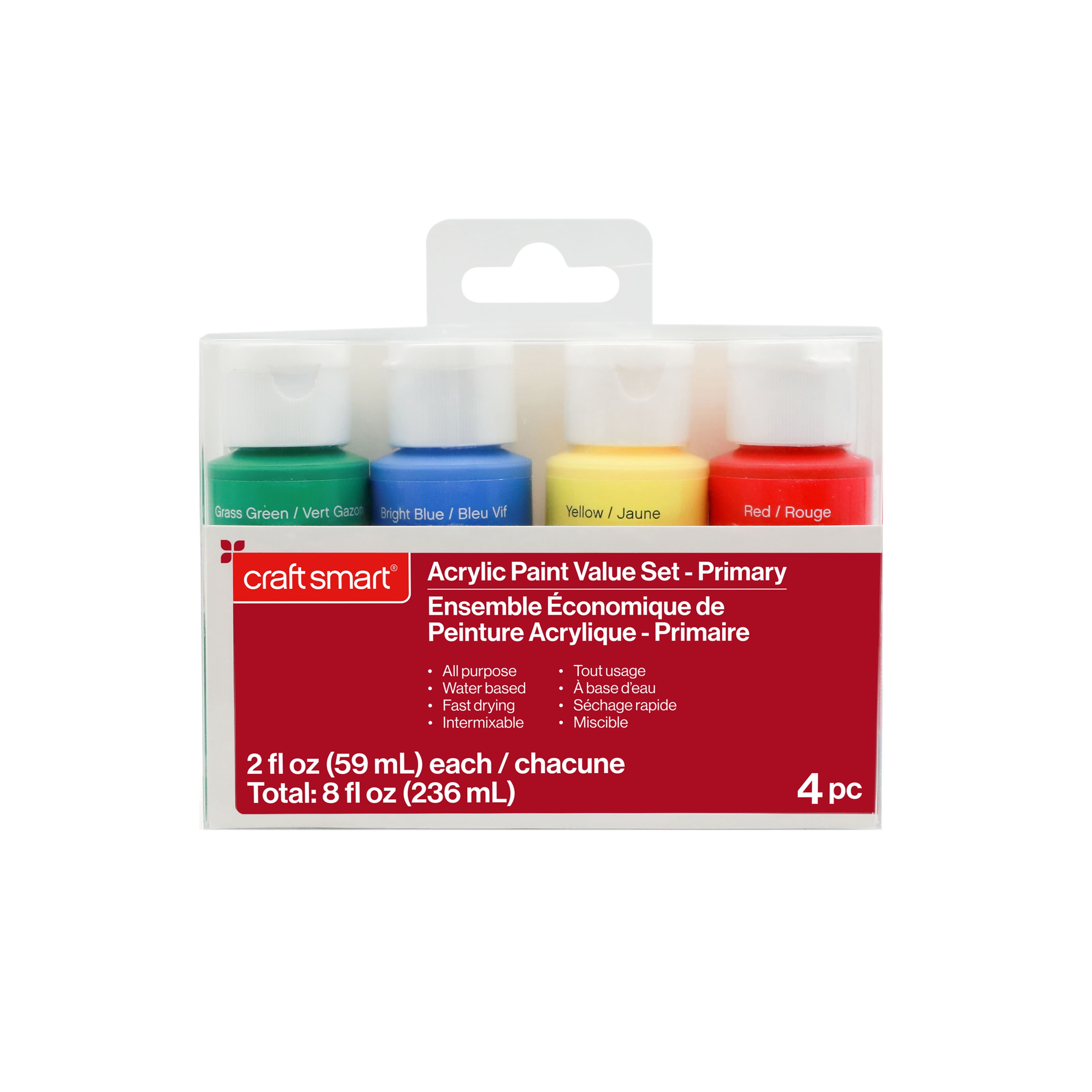 Craft Smart Primary Acrylic Paint, All-Purpose Intermixable Matte Finish, Red/Yellow/Blue/Green, 2 fl. oz., 24 Packs (96 Total Bottles)