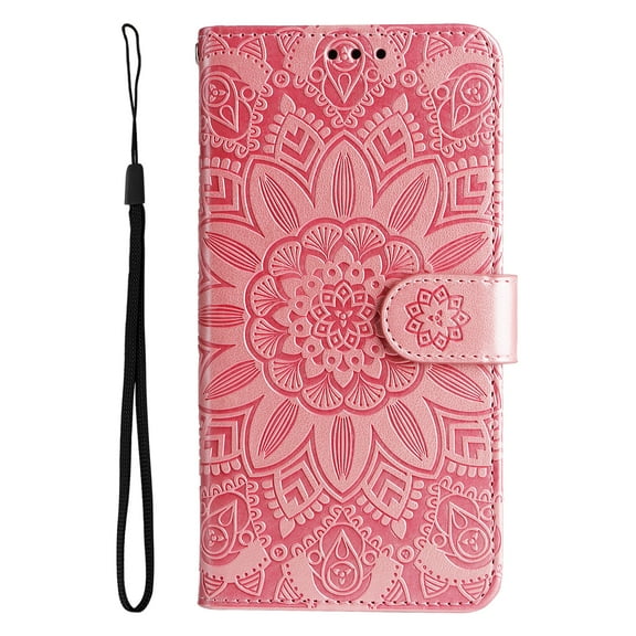 Dteck Wallet Case for iPhone 13 Embossed Sunflower Pattern PU Leather Case with Card Slots Lanyard Shockproof Protective Cover 6.1 inch,For iPhone 13,Rosegold