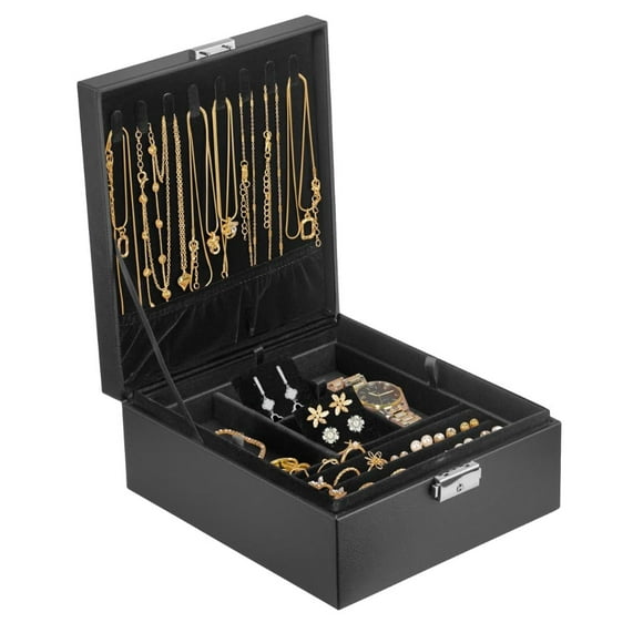 Prestige & Fancy 2 Layer Woman Jewelry Box, Jewelry Organizer For Woman, Men & Girls Large Case 8.5x7.5x3.3in PU Leather Black Jewelry Gift Storage Boxes For Ring, Necklace & Bracelet With Lock