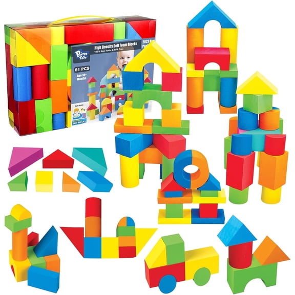 Pairez Toys Foam Building Blocks for Toddlers 1-3, 81 Pieces Soft Stacking Blocks Toy Set, Baby Bath Foam Toys, Sensory and Montosorri Toys for Boys & Girls 18  Months