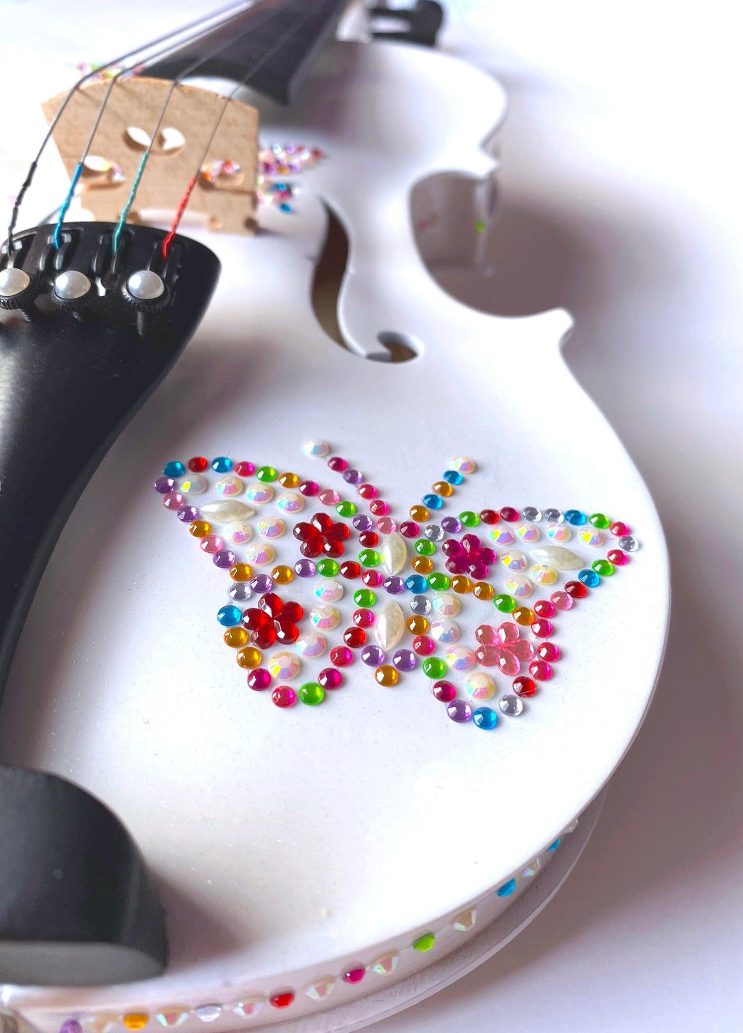 Butterfly Bling Bling Violin Outfit w Matching Carbon Fiber Bow Case Crystal Fine Tuners Rosin Strings Set Up