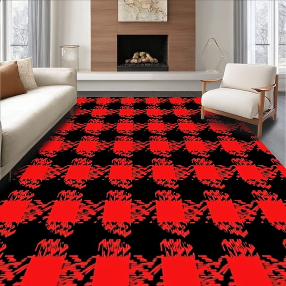 ODIKA 4'x6' Machine Washable Non-Slip Area Rug, Buffalo Checkered Farmhouse Cabin Vintage Holiday Rustic High Traffic Rug, Red, 508100