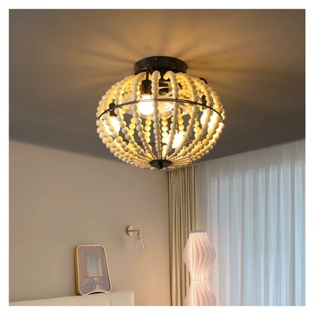 18" Bohemian Wood Beaded Ceiling Fan with Light, Flush Mount Caged Ceiling Fan, Rustic Farmhouse Low Profile Fan Light Fixture for Indoor Home Decor (Silent/6-Speed/Reversible/DC Motor) (No Bulbs)