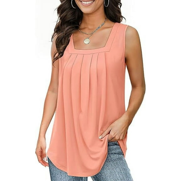 Versatile, fashionable, square-neck gathered pleat swing tank top for women, loose-fitting, casual, and comfortable