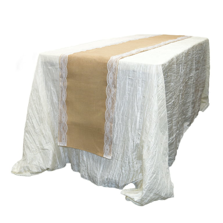 Your Chair Covers - 14 x 108 inch Jute Burlap Table Runner with White Lace Edges