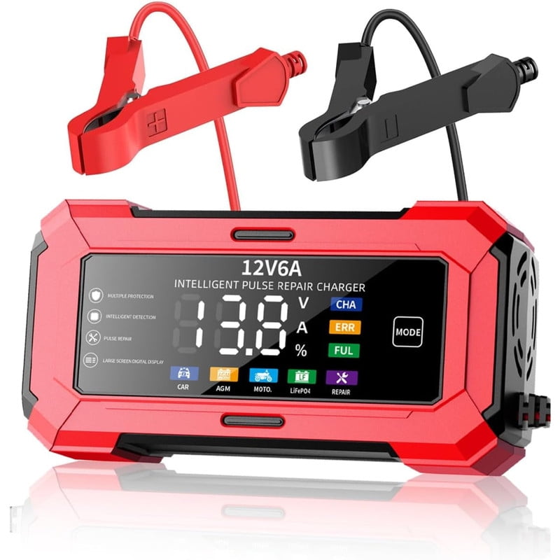 Trickle Charger for Car Battery 12V 6A Smart Maintainer Automatic Pulse Repair Battery Charger for LiFePO4 AGM Lead Acid Motorcycle Marine Boat