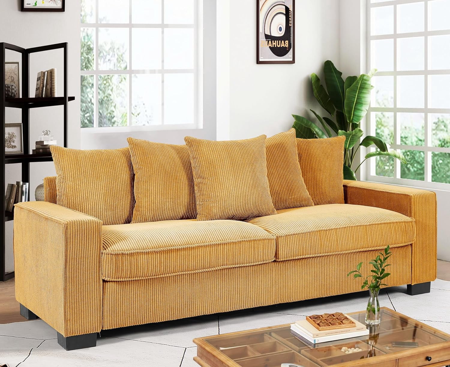 US Pride Furniture Luxe Corduroy Sofa with 5 Matching Toss Pillows, Sleek Design, Spacious and Comfortable 3 Seater Couch for Modern Living Room,Yellow
