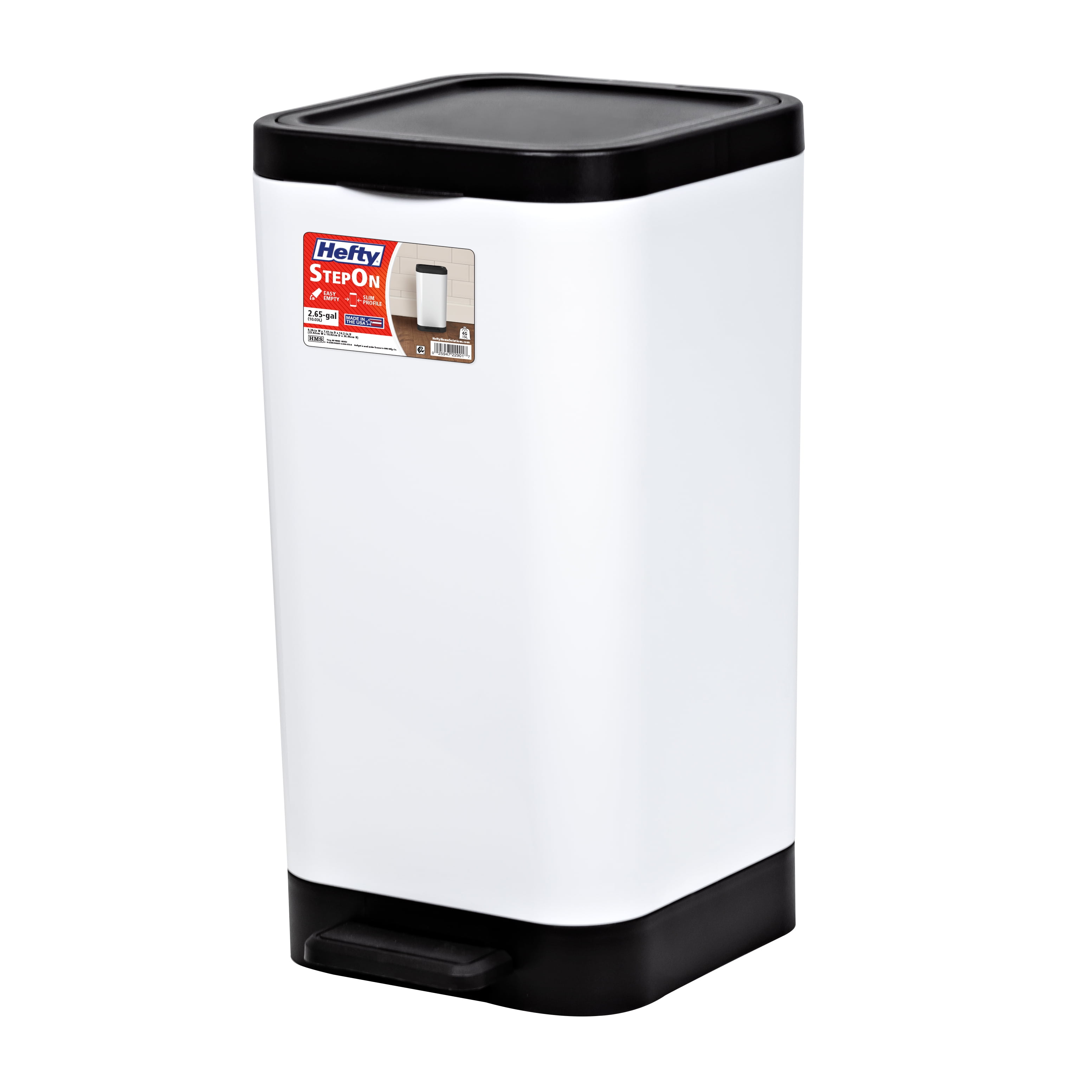 (2 pack) Hefty Bathroom Trash Can, 2.6 Gallon Small Plastic Step Garbage Bucket Bin with Foot Pedal Lid, White