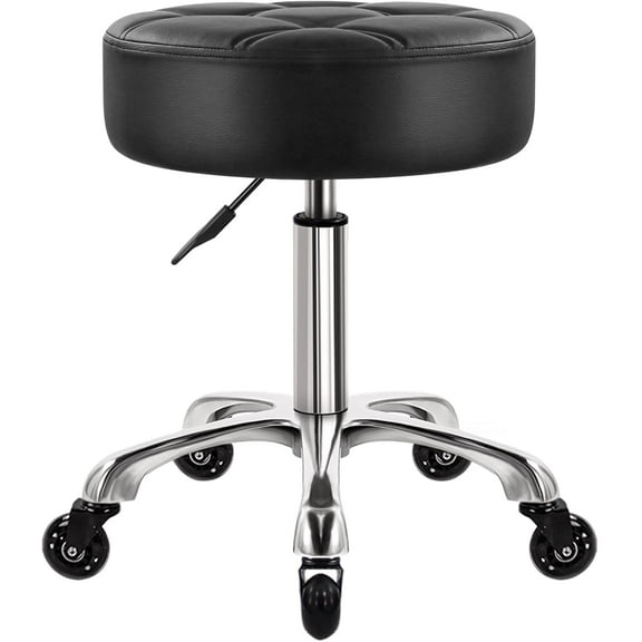 Heavy Duty Rolling Stool with Wheels Hydraulic Swivel Adjustable Rolling Stool Ergonomic Thick Leather Round Seat Stool Chair for Kitchen Drafting Lab Office Salon Message Stool – Black