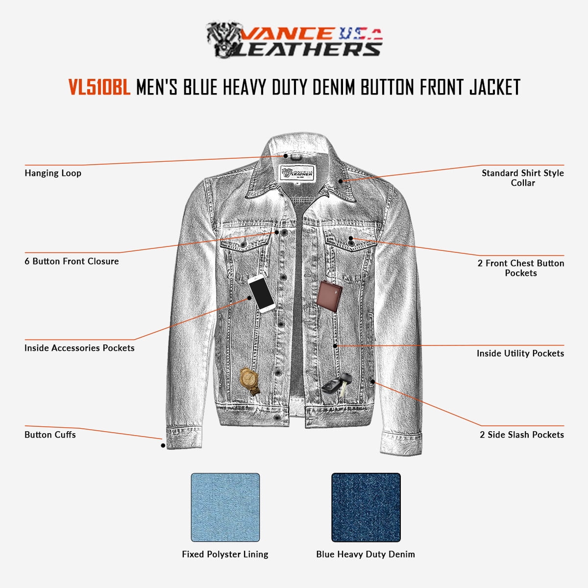 Vance Mens Blue Heavy Duty Denim Button Front Motorcycle