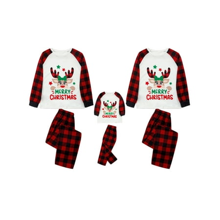 

Gwiyeopda Christmas Plaid Deer Family Matching Pajamas Sets Long Sleeve Tee and Pants 2-piece Unisex