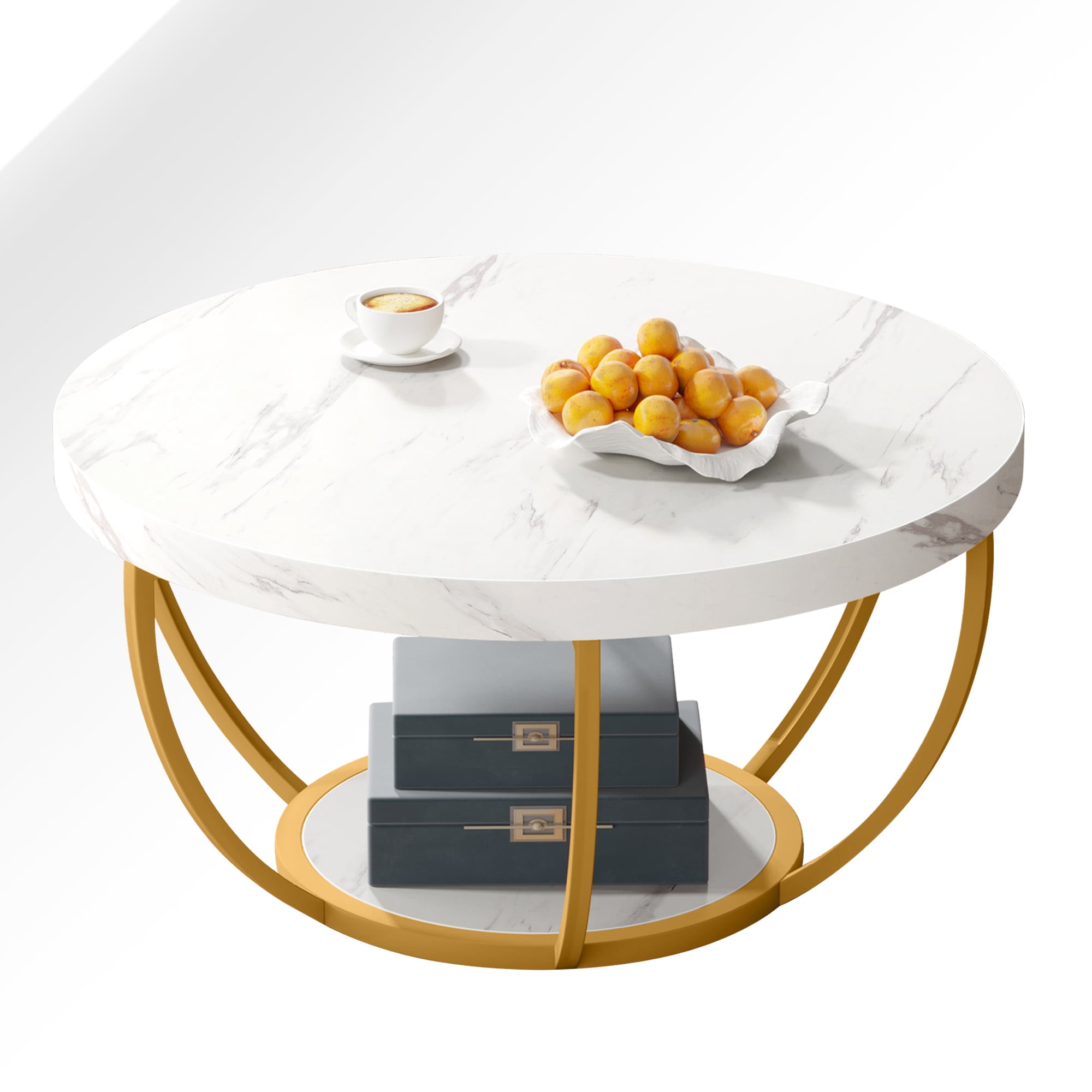 MAYEERTY 2 Tier Round Coffee Table Thickened Engineered Wood Sturdy Metal Base