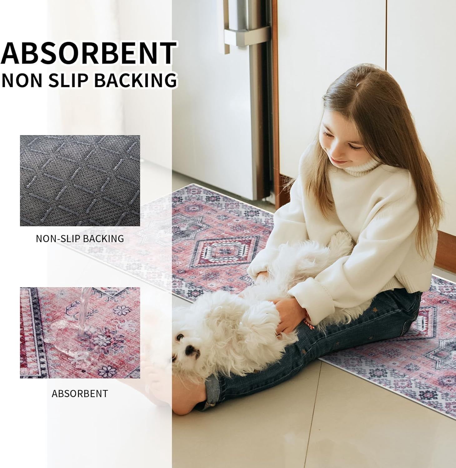 Kitchen Rugs Sets of 3 Non Slip Washable Kitchen Mats for Floor 3 Piece Set Pink Kitchen Mat Set Boho Runner Rug Carpets for Kitchen Hallway Sink Front Door Laundry Room