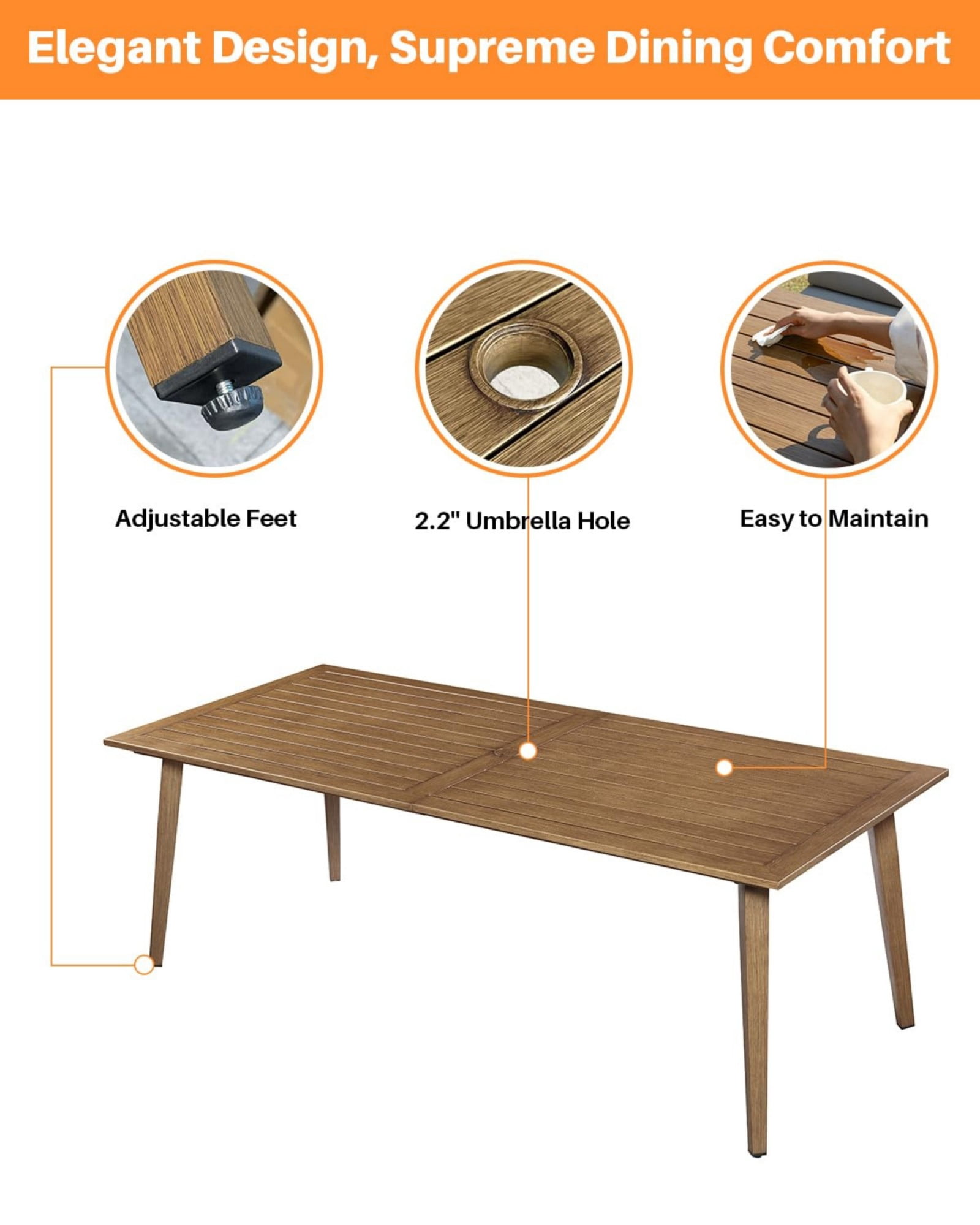 Outdoor Patio Dining Table for 8, Aluminum Outdoor Dining Table with Umbrella Hole, All Weather Patio Table for Garden, Deck, Porch, Lawn, Backyard Furniture, Brown