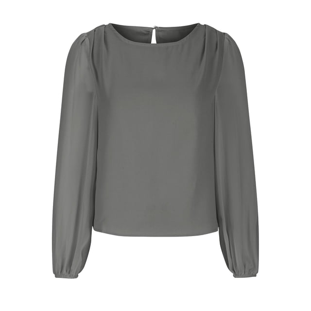Timegard Womens Tops Chiffon Puff Long Sleeve Crewneck Ruched Back Button Tee Shirts Casual Loose Tops