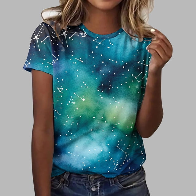 UPPADA T-Shirts d'Été pour Femmes à Imprimé Graphique, Col Ras du Cou, Décontractés, Manches Courtes, Coupe Ample, Chandails à Enfiler, Hauts Mode pour Vacances à la Plage, Blouses Multicolores, L