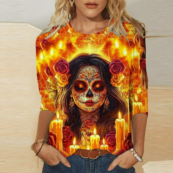 Craaazy Halloween Printed Shirt For Women Round Neck 3/4 Sleeve T-Shirt Loose Halloween Featival Tops Gifts For Women