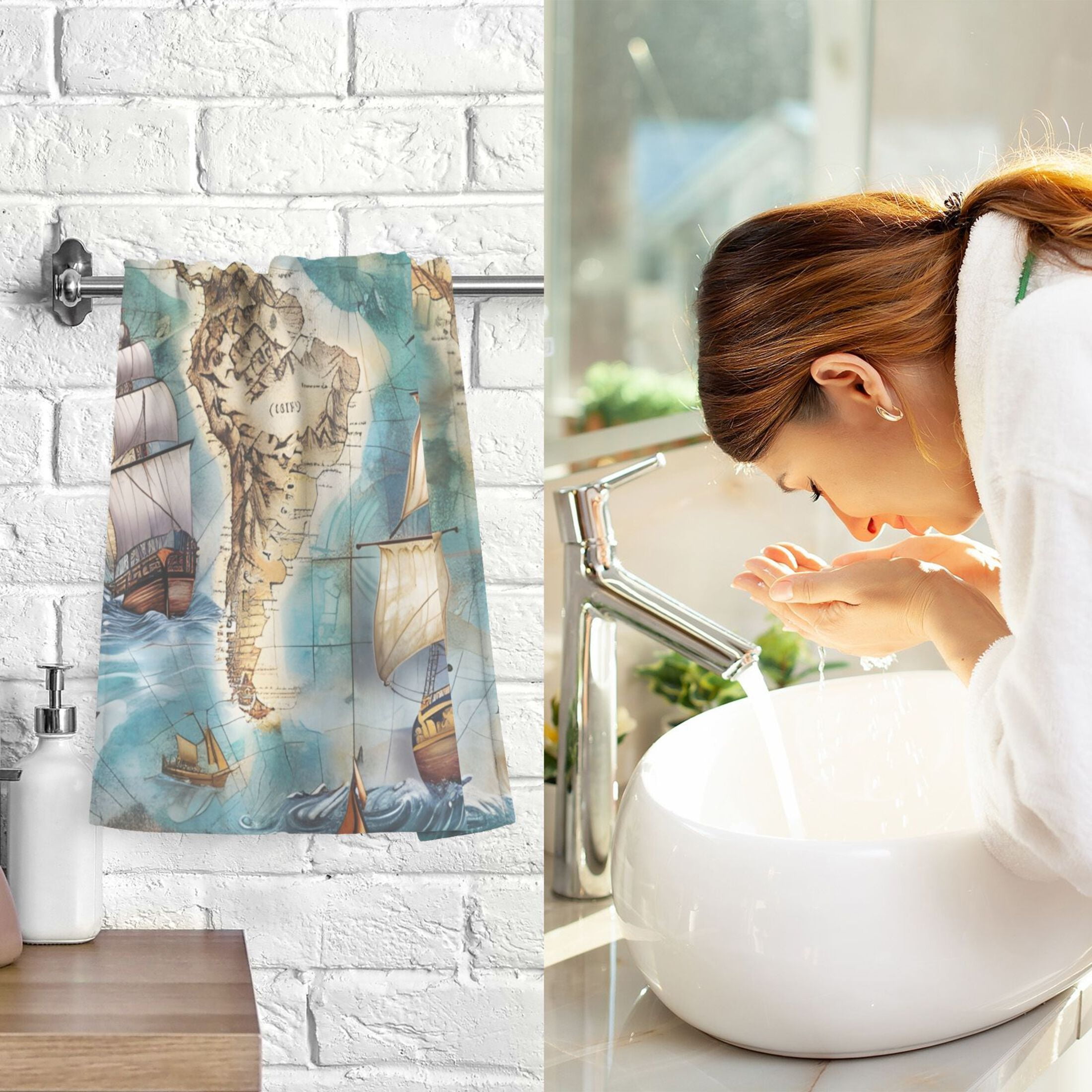 Sailing Ship and Nautical Chart 2 Pcs Hand Towel Set Cotton Absorbent Soft Face Towels Bath Towels for Bathroom Kitchen Shower Hotel Decor 16"x28"