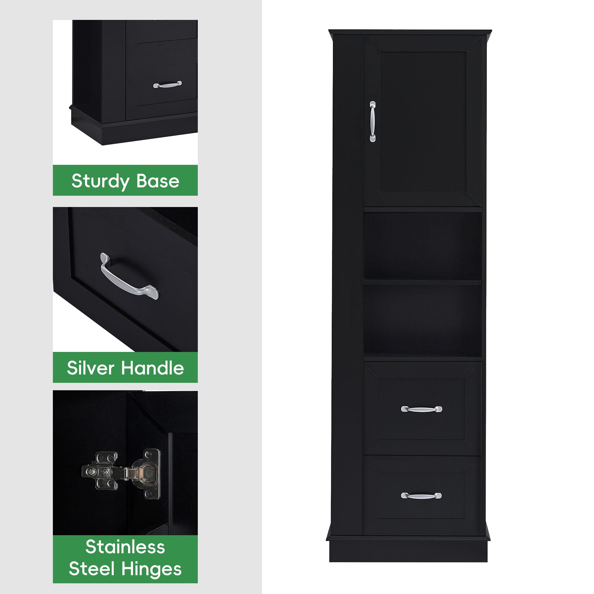 Tall Bathroom Storage Cabinet, Freestanding Storage Cabinet with Hook and Adjustable Shelf, MDF Board, Black, Upper Door Cabinet with Built-in Shelf and Lower Two Drawers