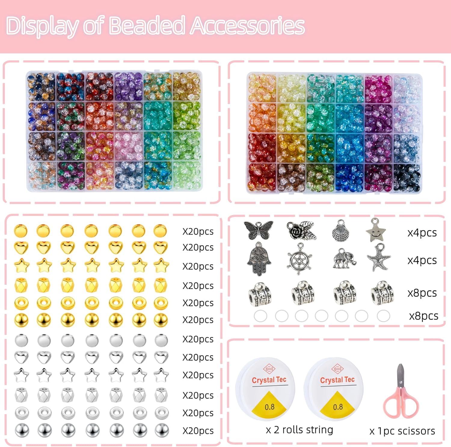1300PCS 8mm Mixed Crackle Glass Beads for Bracelets Making with Accessories, 48 Colors Crystal Glass Beads Jewelry Making Kit, Round Beads for DIY Bracelet Crafts