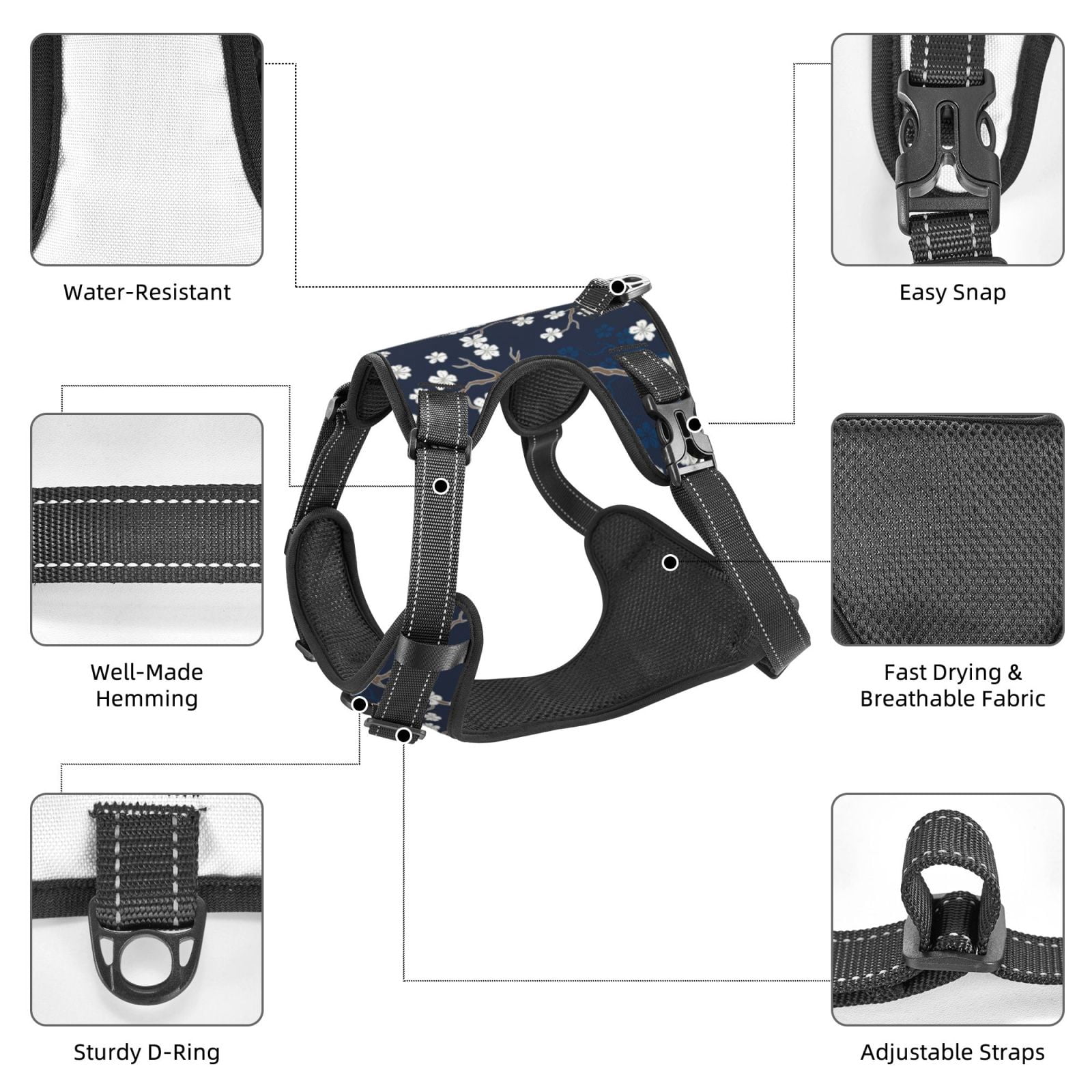 Fuzoiu Cherry Blossoms on Navy Background Print Reflective Dog Harness,Adjustable, Breathable Pet Vest,Dog Harness No Pull,No Choke Pet Vest for Small, Medium, and Large Dogs-X-Large