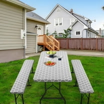 Waterproof 3-Piece Picnic Table Cover Set, Elastic Flannel Backed Vinyl Tablecloth for Outdoor BBQ, Stain Resistant Garden Party Decor, Courtyard Dining Protection(Gray)