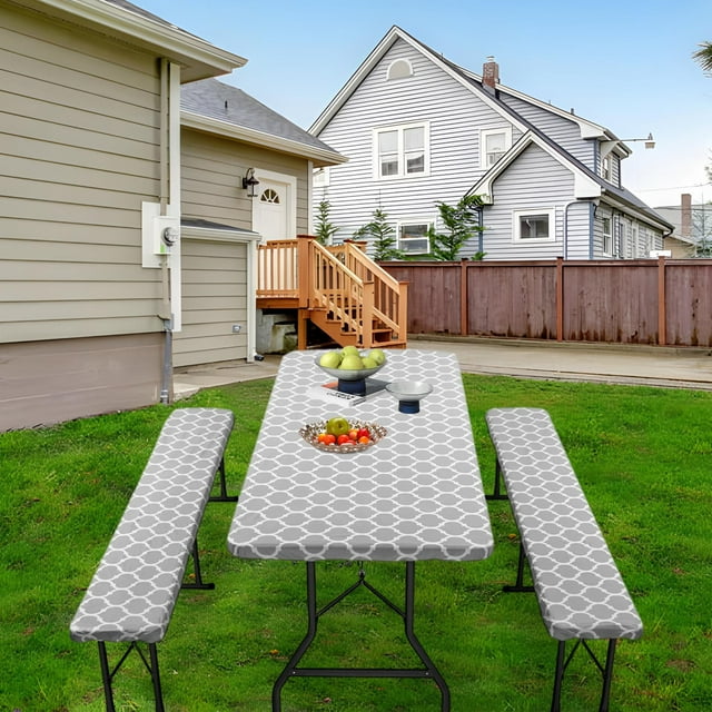 Waterproof Tablecloth under $5! CQCYD Outdoor Waterproof Table Cover Set, Picnic Tablecloth with Flannel Backing, Elastic Vinyl Table Protector for Patio Garden Party, 3-Piece Dining Set