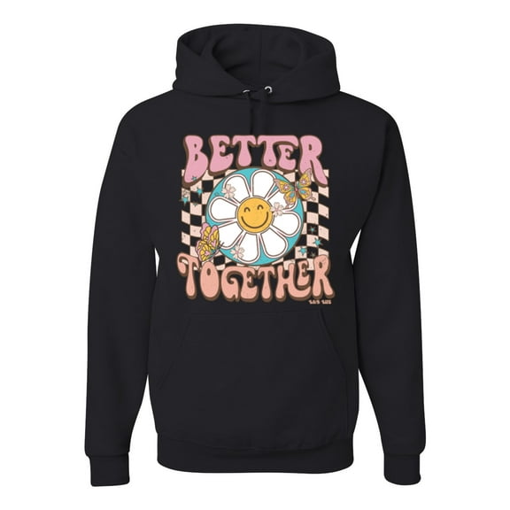 Wild Bobby Retro Better Together Daisy Smiley Face Checkered Background Vintage Unisex Hoodie Sweatshirt, Black, Small