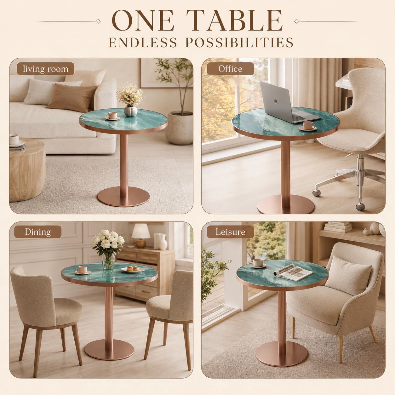 Aukfa 31.5" Round Sintered Stone Dining Table for 2-4, Kitchen Table Tulip Table with Rose Gold Pedestal Base for Bistro Small Apartment,Emerald Green