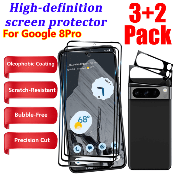 3 2 set, suitable for Google Pixel 8 Pro (6.7 Inch) high-definition screen protector 3 pieces with lens protector 2 pieces, scratch resistant, fingerprint resistant, bubble free, 9H hardness