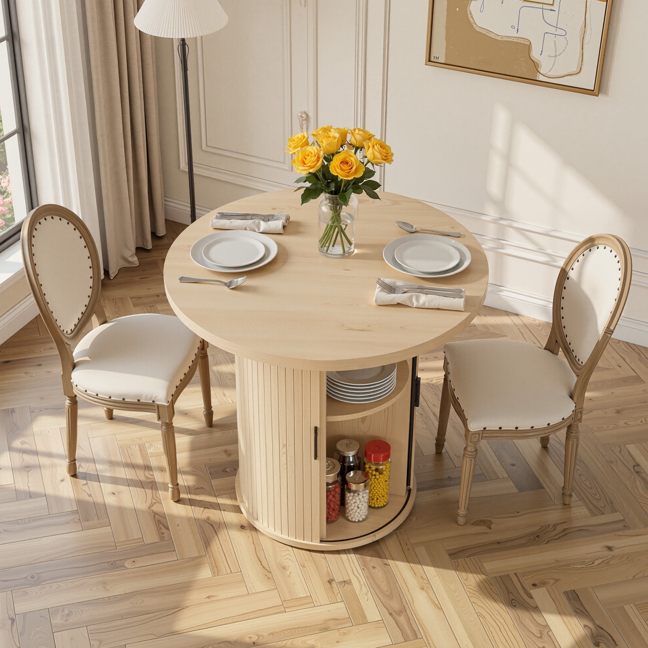 Hawsaiy 31.5" Round Dining Table for 2 with Sliding Door Storage Base, Space-Saving Waterproof Scratch-Resistant Wood Top, Modern Farmhouse Kitchen Table, Natural