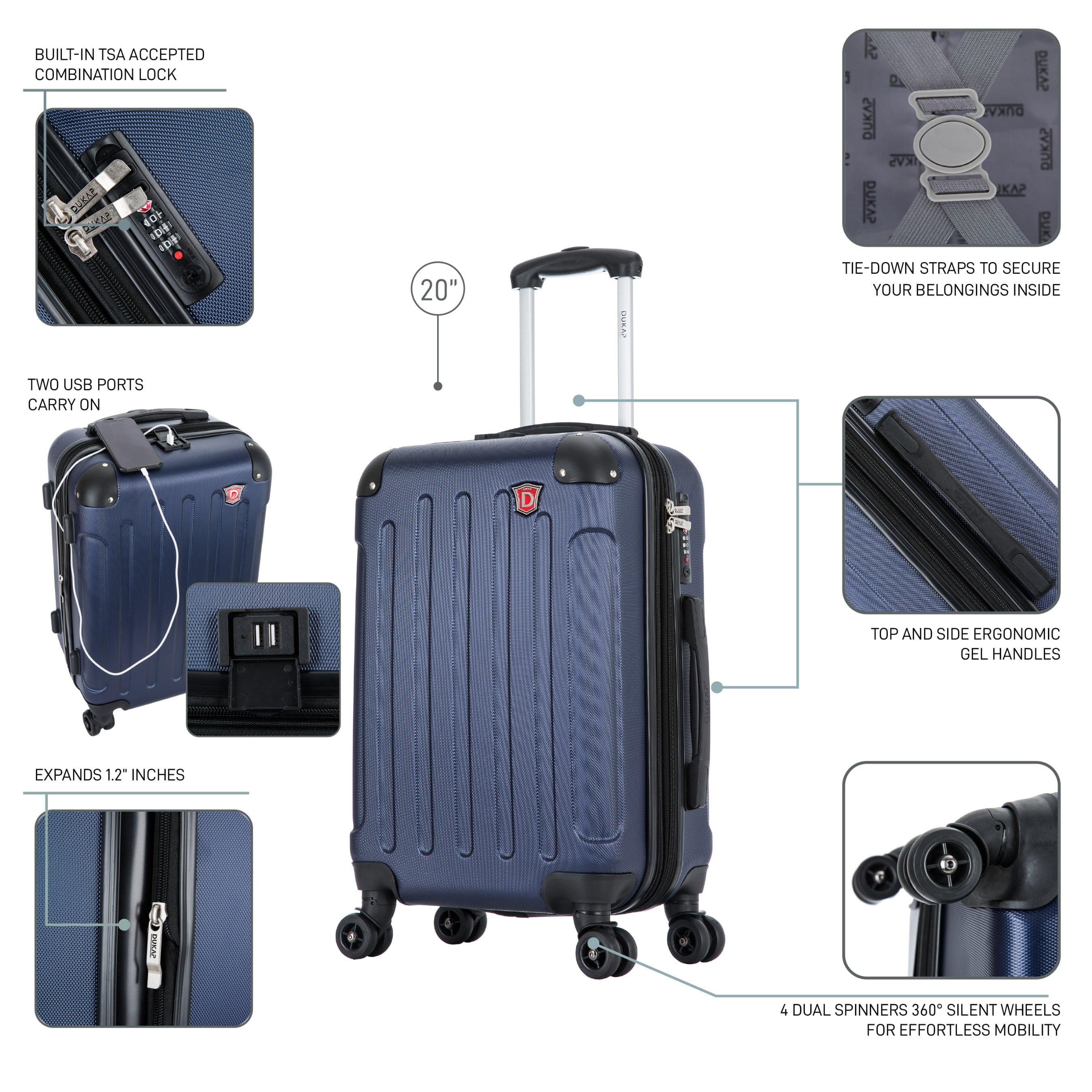 DUKAP Intely 20" Hardside Lightweight Carry-on Luggage with Spinner Wheels and USB Port, Blue