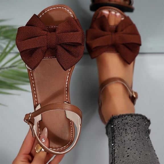 Caywon Womens Bow Decor Open Toe Flat Sandals, Slip On Casual Summer Footwear, Comfortable Solid Color Outdoor Slippers, Lightweight Beach Shoes, Sandalias Con Moño Para Mujer