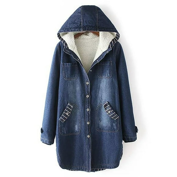 Meichang Women's Fleece Lined Denim Jacket with Hooded Long Sleeve Oversized Winter Jean Jacket Mid Length Hoodies Jacket Coat Blue XL