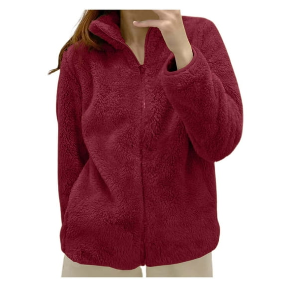 Wangmeiwg Women's Solid Color Jacket with Collar Zip Up Cozy Outerwear for Cold Weather Comfort and Casual Style Wine M
